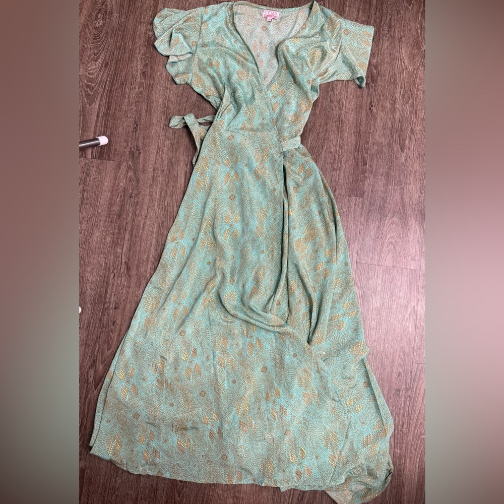 Cienna Silk Blend Boho Maxi Wrap Dress S Mint Green Gold Metallic India Festival